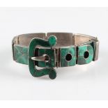 A Victorian malachite buckle bracelet, set in unmarked white metal, length approx. 20cm (A/F one