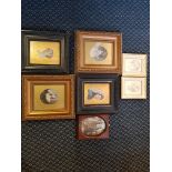 Collection of seven various framed, glazed portrait miniatures to include oils and etchings.