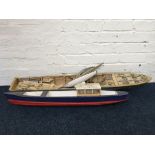 Three model boats, one Star Yacht MK 1 ‘Endeavour I’, one blue and red painted and one grey