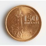 A boxed 150 Dollars coin for 150th Anniversary of the Founding of Singapore.
