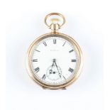 A gold plated Elgin open face crown wind pocket watch, the white enamel dial having hourly Roman