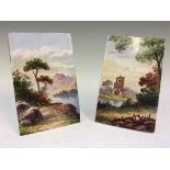 Two Davenport cabinet pictures painted on pottery, signed ‘HTB’, one depicting Etchingham Church,