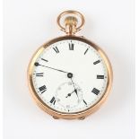 A 9ct yellow gold cased open face crown wind pocket watch, the white enamel dial having hourly Roman