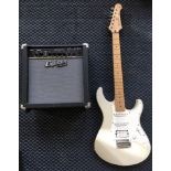 A Yamaha Pacifica cream electric guitar, together with a Crusier by Crafter CR-25RG amplifier.