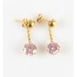 A pair of pink cubic zirconia drop earrings, stamped 90%, length approx. 2.5cm.