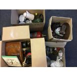 Four boxes of assorted items including tin kitchenware, clocks, minimal fire extinguisher, shoe