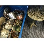 Box of silver, brass, copper, pewter including Victorian swing kettle, small brass table, My Lady