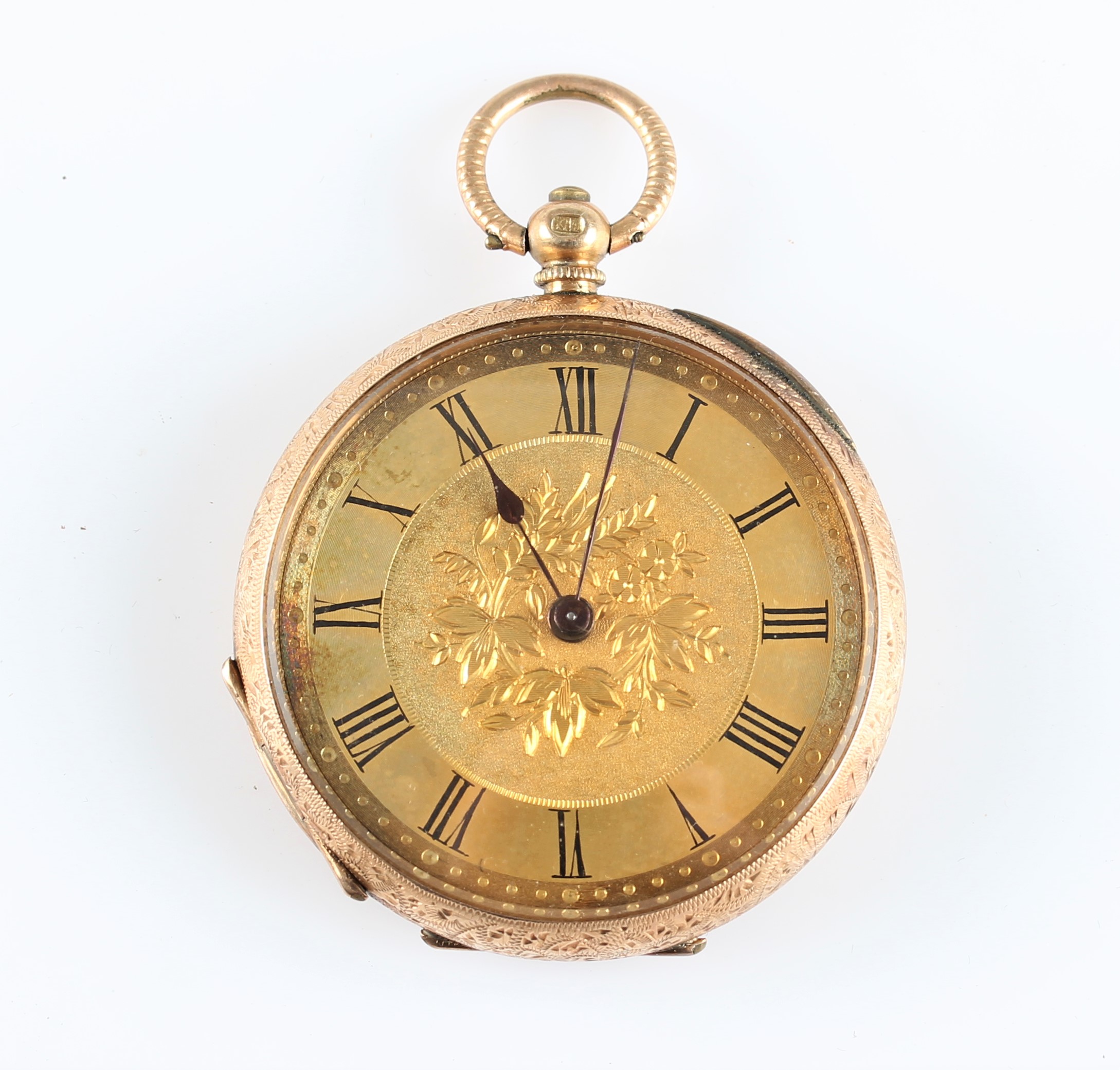 An open face key wind fob watch, the gold-tone dial having hourly Roman numeral markers with