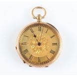 An open face key wind fob watch, the gold-tone dial having hourly Roman numeral markers with