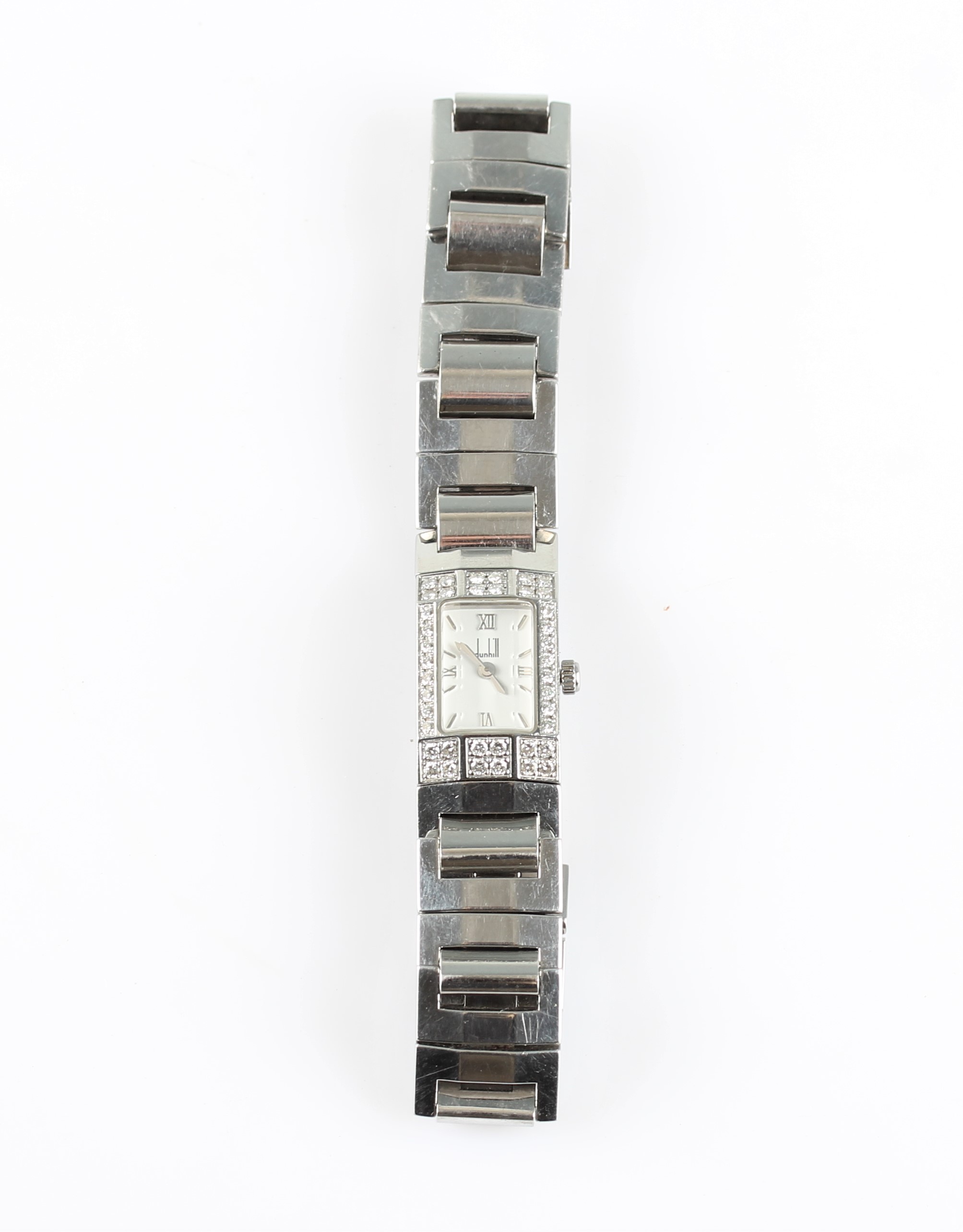 A ladies stainless steel quartz Dunhill wrist watch, the white dial having hourly baton markers - Image 2 of 2