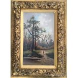 GEORGE HALLER. Framed, signed, nineteenth century oil on canvas, hiker on path amongst trees, 51cm x