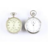 A chrome military open face crown wind chronograph pocket watch, the white enamel dial having hourly