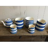 Three boxes of blue and white striped teaware, including T.G. Green, to include jugs, plates, bowls,