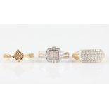 Three hallmarked 9ct gold diamond rings, one set with round brilliant cut diamonds in five row