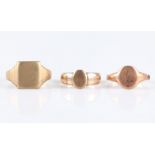 A collection of three signet rings, all stamped 9ct, ring sizes L-S½, (one ring band A/F).