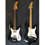 Two electric guitars, one Rockwood by Hohner LX90L, with strap and one Orpin Custom.