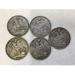 Five Queen Victoria silver crowns, dated 1895, 1896, 1897, 1898 and 1900.