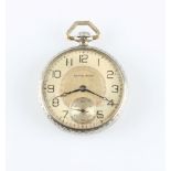 A white metal cased South Bend Watch Co. open face crown wind pocket watch, the silver-tone dial