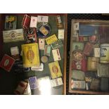 Two display cases containing various advertising tins, packets, boxes, etc.