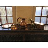 Five copper items, jugs, kettle, lidded box and tray, with brass burner.