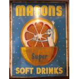 A Masons super soft drinks advertising sign in blue, yellow and red.