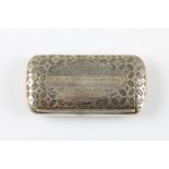 A Victorian silver snuff box, featuring repeat design to body, personal engraving to lid, hallmarked