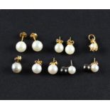 A collection of pearl jewellery, to include four pairs of earrings, a single earring and a pendant.