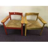 Two mid century danish style rush seated stained arm chairs, one orange and one yellow