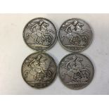 Four Queen Victoria silver crowns, dated 1891, 1892, 1893 and 1894.