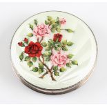 A silver guilloche enamel compact, featuring white guilloche enamel lid with overpainted pink and