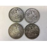 Four Queen Victoria silver crowns, dated 1887, 1888, 1889 and 1890.