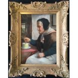 D.W. HADDON. Framed, signed oil on board, portrait of elderly female with teacup and saucer, 34cm
