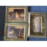 Three framed crystoleum pictures depicting garden parties 17cm x 25cm and woman beneath blossom