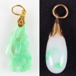 A green jadeite jade tear drop pendant, unmarked yellow metal mount, length approx. 3.5cm,