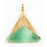 A carved jadeite jade pendant, featuring double fish design to a triangular open metalwork pendant