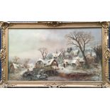 H. NEWEY. Framed, dated 1878, oil on canvas, snowy rural village scene with icy waterwheel and