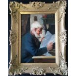 D.W. HADDON. Framed, signed oil on board, portrait of seated gentleman reading newspaper, 34cm x