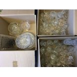 Three boxes of various cut glassware, including sherry glasses, tumblers, trays, dishes, rose