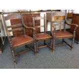 A set of six oak turned twisted legs dinning chairs with inlaid decorations to back to two