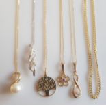 *Five various pendants with chains, some gemstone set, all stamped 375, together with a hallmarked