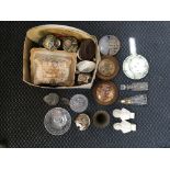 A box containing a quantity of mixed items to include three pot lids, Staffordshire figure,