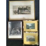 Four various framed and glazed pictures to include two watercolours and coloured etching. IMPORTANT: