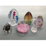 A Lalique small glass seahorse together with five various paperweights. IMPORTANT: Online viewing