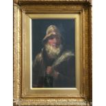 D.W. HADDON. Framed, signed oil on board, portrait of fisherman smoking pipe and holding net, 38cm x