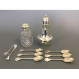 A small collection of HM silver items to include a Birmingham sugar shaker, glass jar with silver
