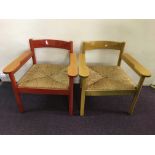 Two mid-century Danish style rush seated stained arm chairs, one orange and one yellow. IMPORTANT: