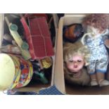 Two boxes of various toys to include dolls, Chad Valley car etc. IMPORTANT: Online viewing and