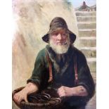 Framed oil on board in the style of D.W. Haddon, fisherman smoking pipe and holding basket, 32cm x