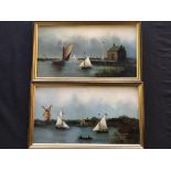 Two indistinctly signed framed Dutch oil on board paintings, both depicting boats on canal with
