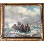 BERNARD FINEGAN GRIBBLE. Framed, signed and glazed oil on canvas, fishermen pushing boat out to sea,